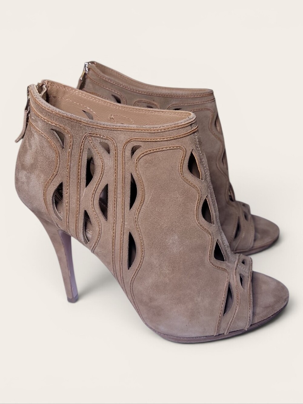 Elie Tahari Theora Taupe Suede Cutout Peep-Toe High Heel Booties
